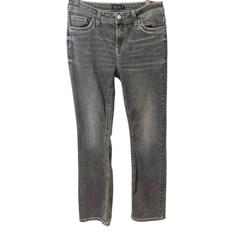 Refuge Denim Jeans Faded Black Grey Crystal Gem Accents Womens Size 7 Stretch